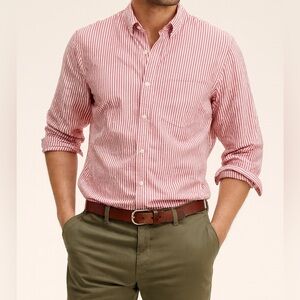 Banana Republic men’s red striped 100% cotton button shirt sz L beachy breathabl
